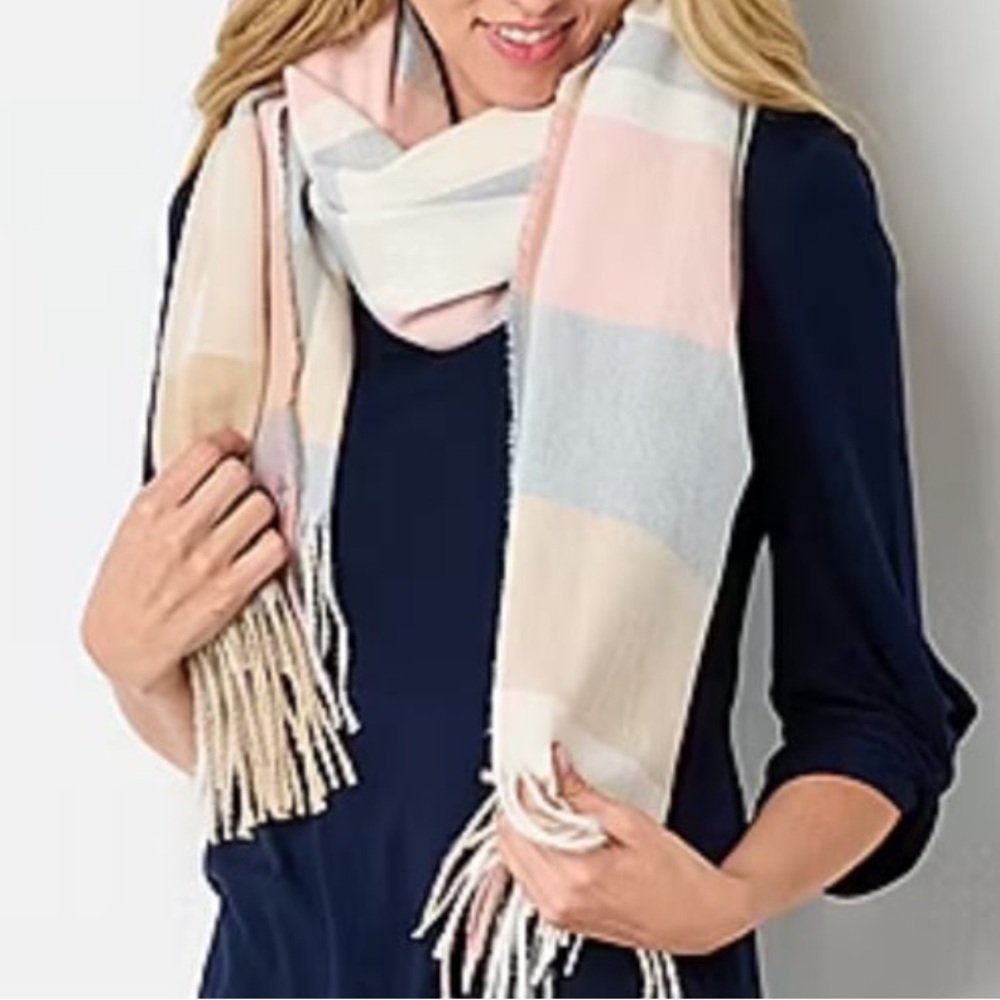 Liz Claiborne Knit Scarf Autumn Plaid Tan Blue Pink NEW - Picture 2 of 7